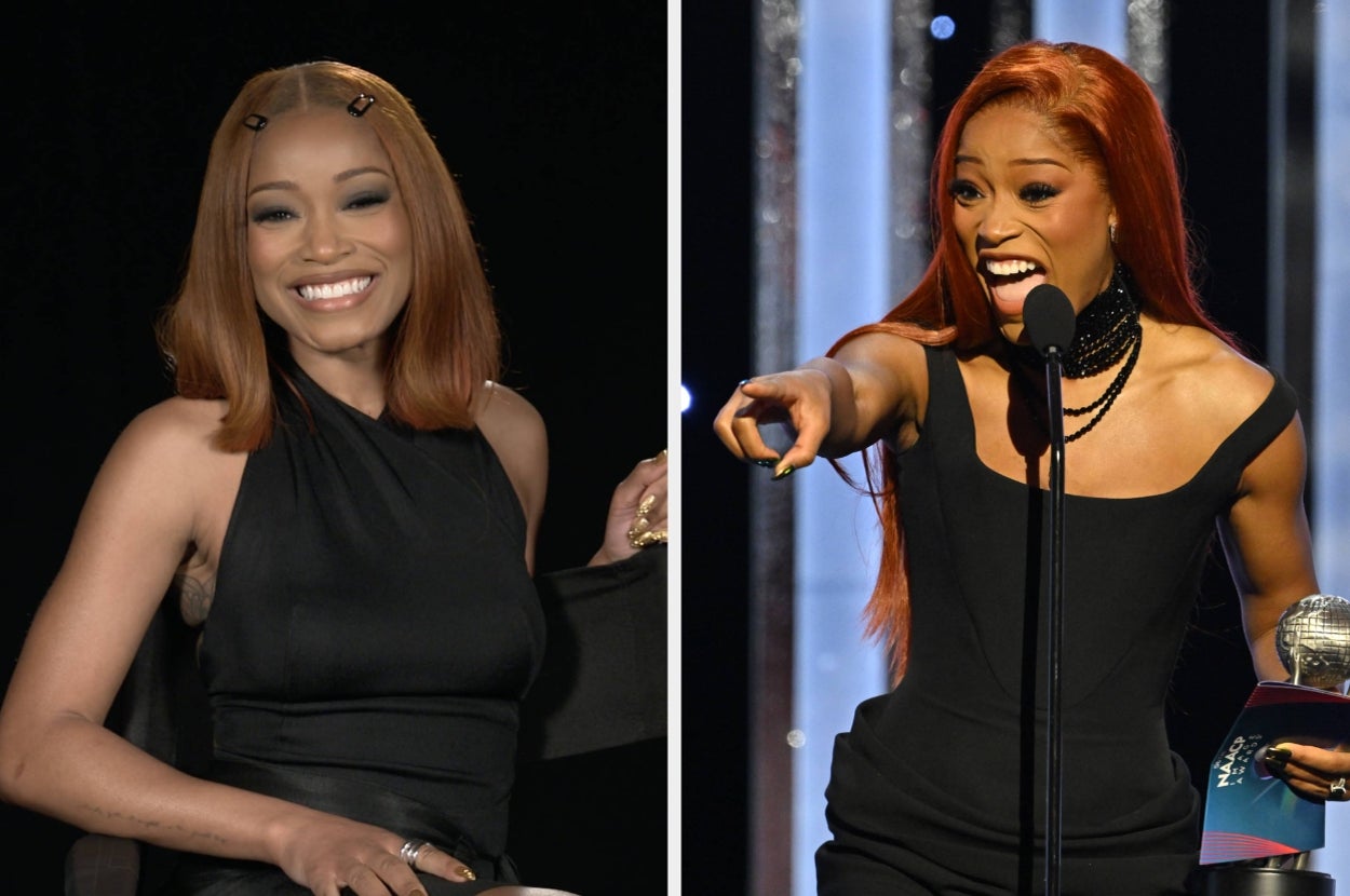 Two photos of a woman smiling. Left: seated in a sleeveless dress. Right: on stage with a microphone, pointing and holding an award, wearing a sleeveless dress