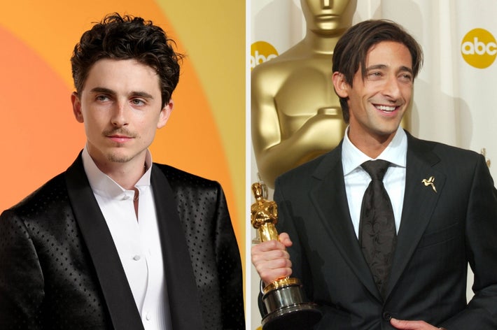 Two celebrities: one in a sleek suit on the red carpet, the other smiling in a suit while holding an Oscar statue at an awards event