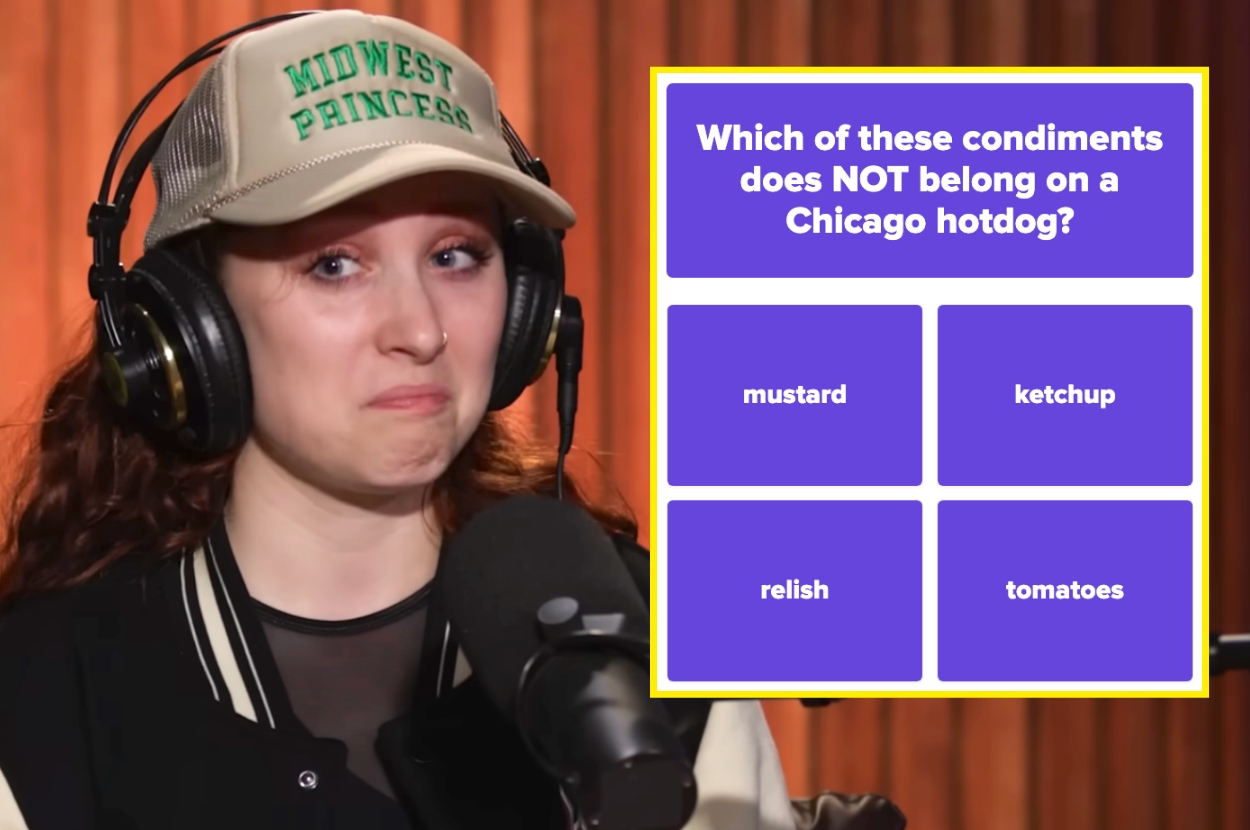 Chappell Roan wearing headphones and a cap looks at the screen. The image asks which condiment doesn't belong on a Chicago hot dog: mustard, ketchup, relish, or tomatoes