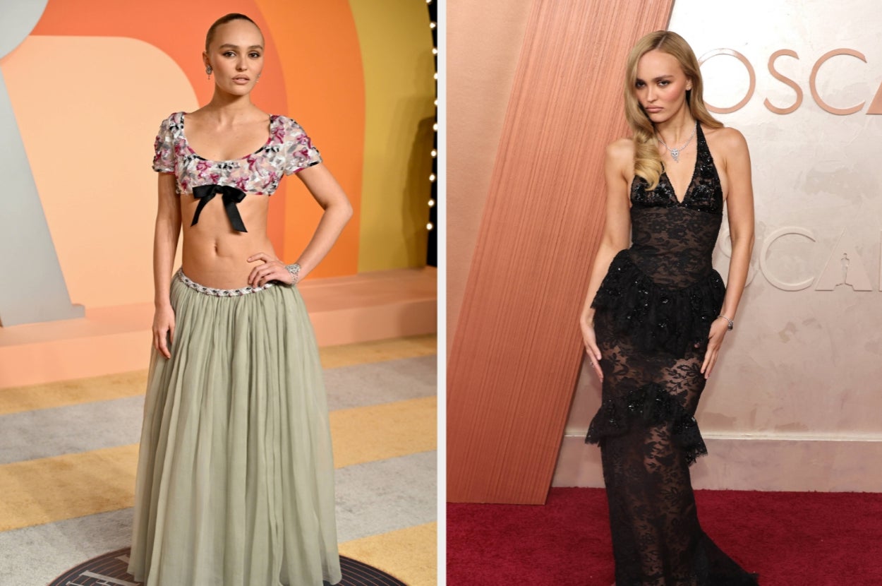 Person in a floral crop top and long skirt; another in a sheer black lace gown on the red carpet