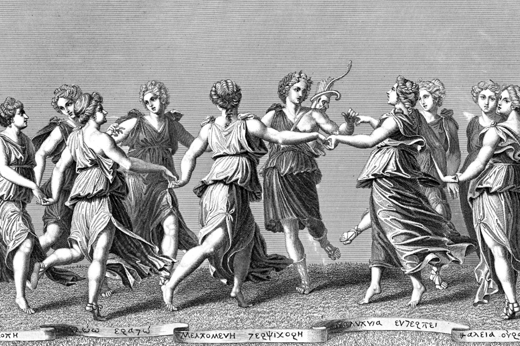 Nine muses dancing in a classical, engraved art style, each wearing flowing, ancient Greek robes, depicted in a harmonious circle