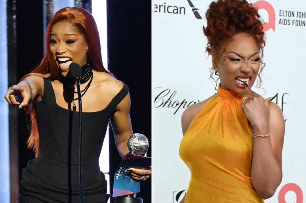 Two side-by-side images: On the left, a woman in a stylish black dress speaks at an event. On the right, two women smile and lean on a railing, enjoying the scene