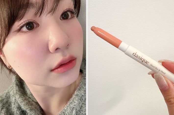 Person with neutral makeup wearing a cozy sweater, shown next to a close-up of a nude makeup pencil labeled &ldquo;dasique Mood Eye Pencil.&quot;
