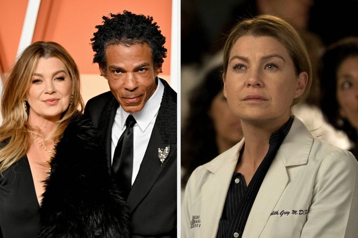 Left: Ellen Pompeo and husband Chris Ivery on a red carpet. Right: Ellen in a scene from &ldquo;Grey&rsquo;s Anatomy&rdquo; in medical scrubs