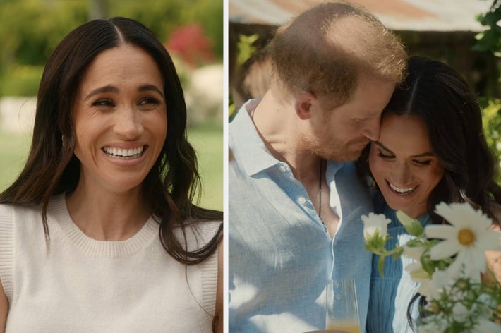 Two-part image: Left shows a smiling woman with long hair in a sleeveless top. Right shows the same woman with a man, smiling together near flowers