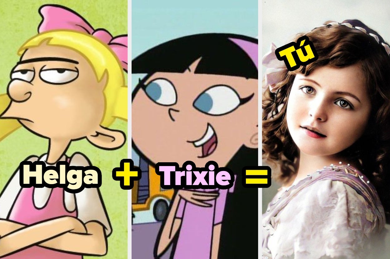 Montaje de dos personajes animados, Helga y Trixie, sumándolos para mostrar como resultado a una niña de cabello rizado y vestido. Texto: "Tú"