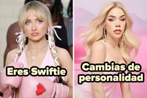 Dos imágenes comparativas: A la izquierda, persona con guantes de boxeo; a la derecha, persona con vestido elegante. Texto: "Eres Swiftie" y "Cambias de personalidad"