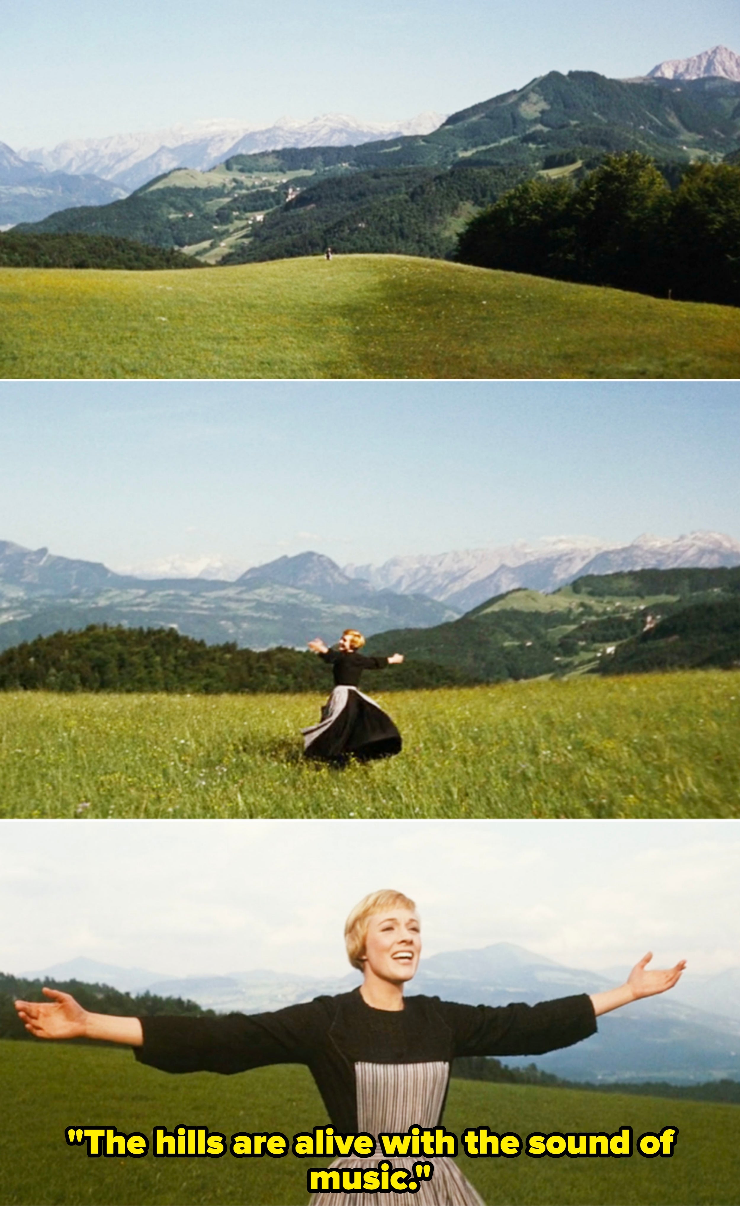 Maria joyfully spins on a hill with arms outstretched, set against a backdrop of mountains and fields