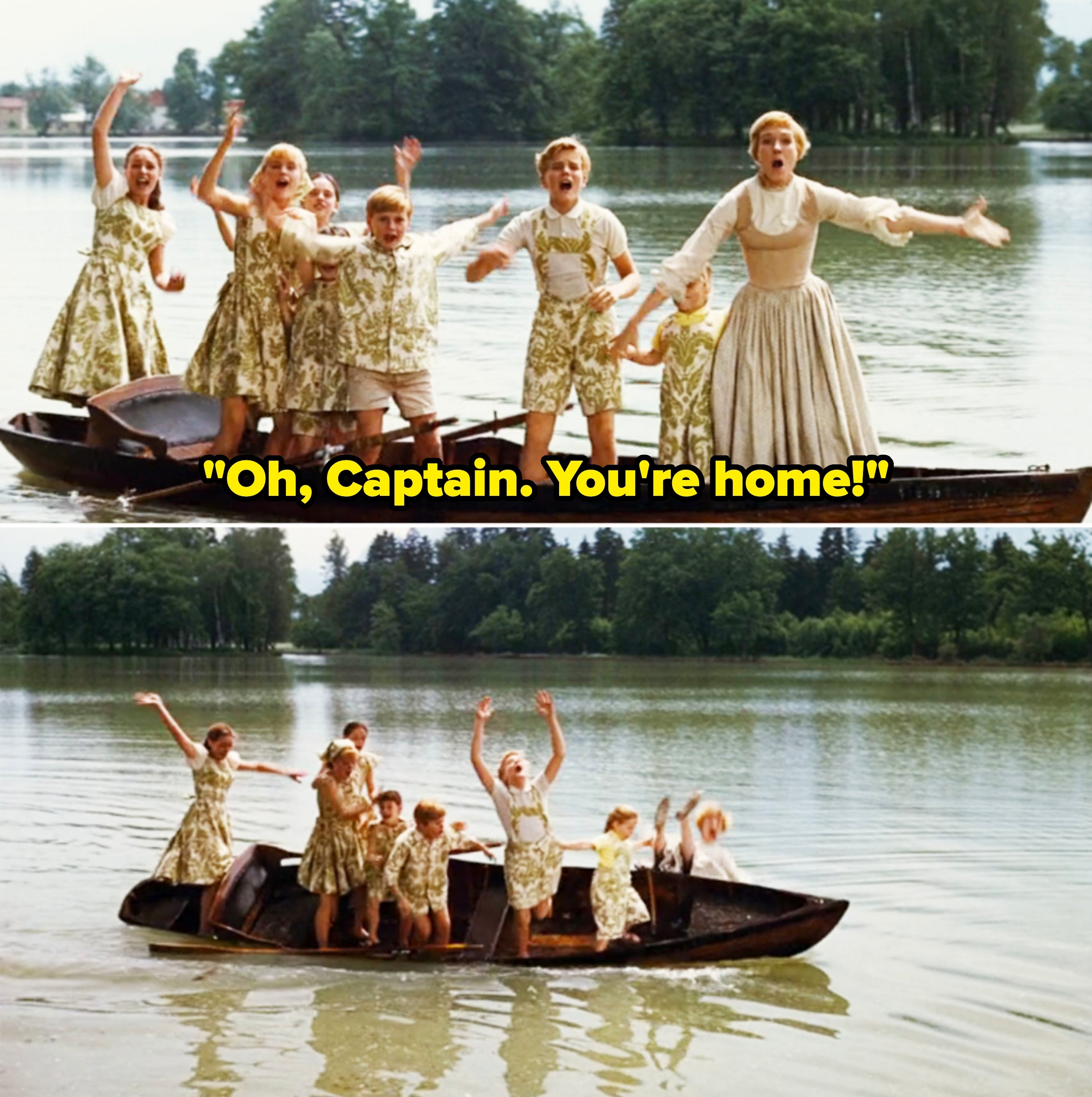 Cast of "The Sound of Music" on a boat, smiling and waving. They're dressed in period costumes, standing against a serene lake backdrop