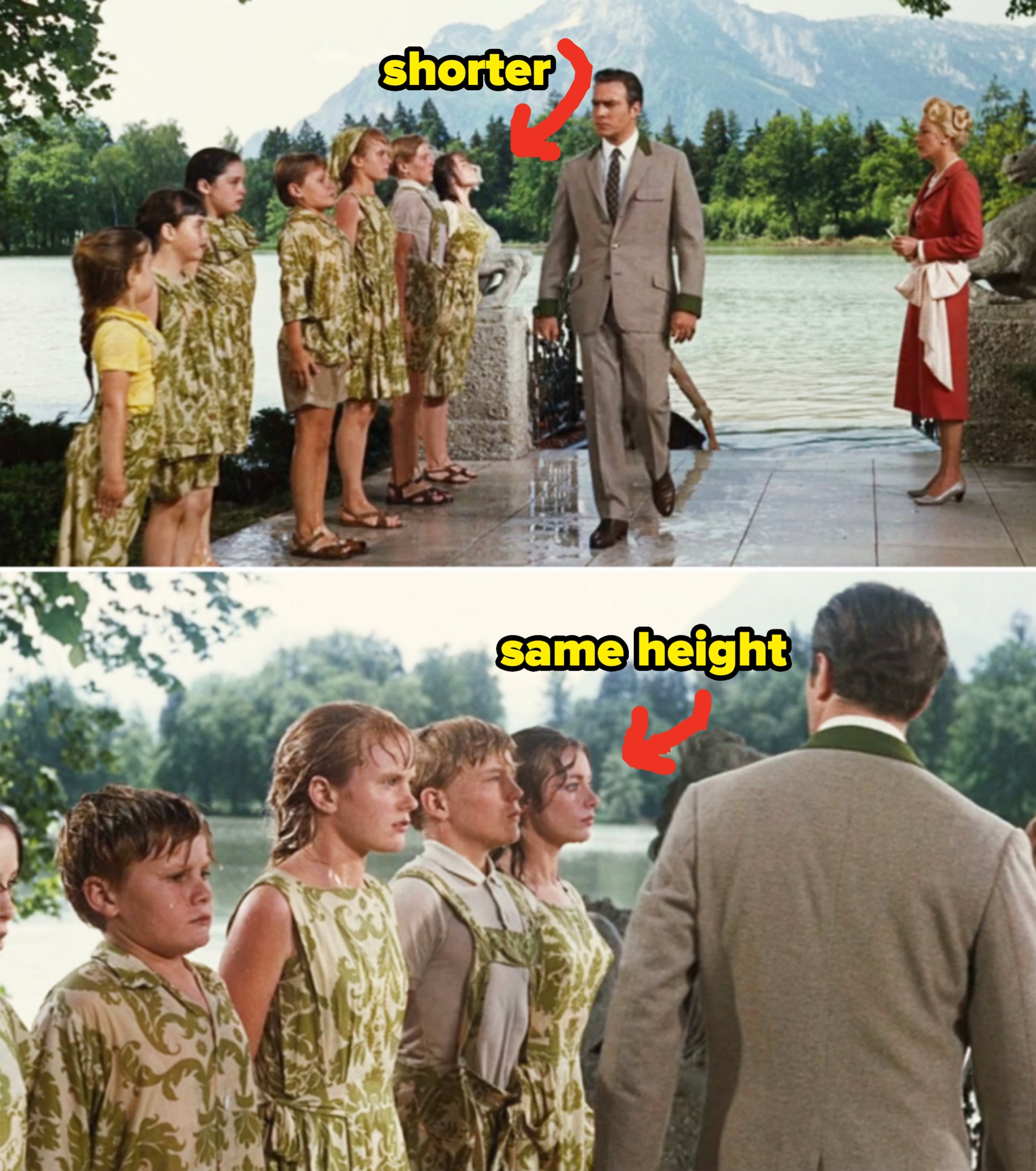 The von Trapp children standing in a line with arrows pointing out Liesl appearing shorter than Friedrich at times