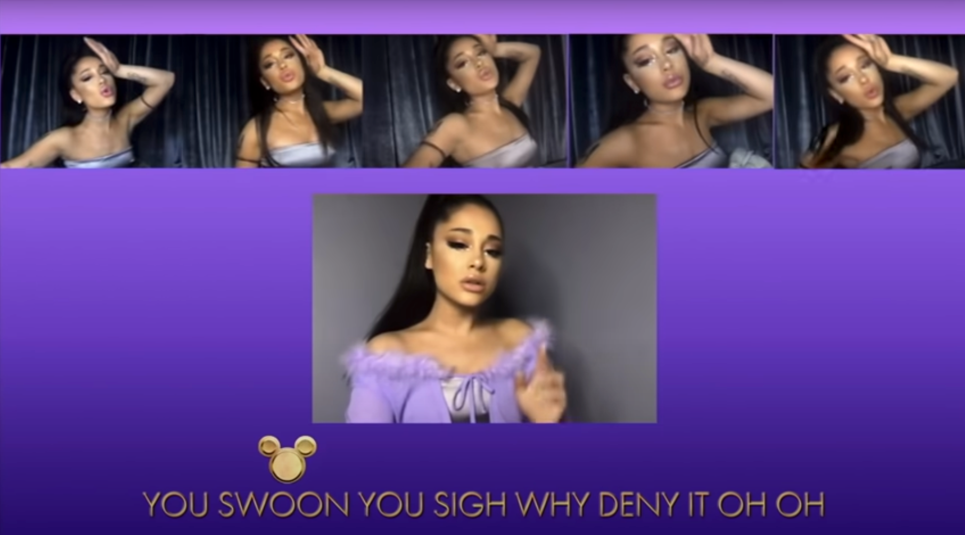 Ariana Grande singing with various poses, wearing an off-shoulder outfit. Text below: "YOU SWOON YOU SIGH WHY DENY IT OH OH"