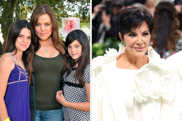 Left: Young Kendall Jenner, Khloé Kardashian, and Kylie Jenner outdoors. Right: Kris Jenner at a formal event