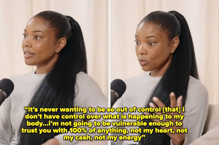 Two photos of Gabrielle Union speaking on a podcast, expressing thoughts on control and trust