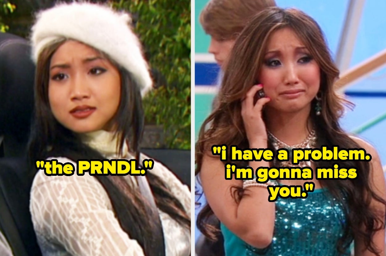 Brenda Song as London Tipton in two scenes, looking amused and then tearful, with quotes: "the PRNDL." and "i have a problem. i'm gonna miss you."