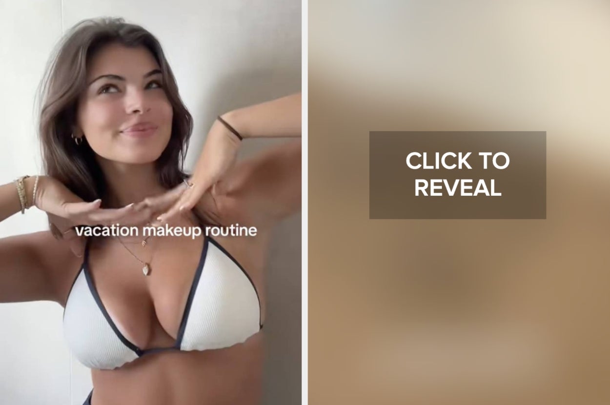 Person in swimwear poses playfully with text "vacation makeup routine" visible