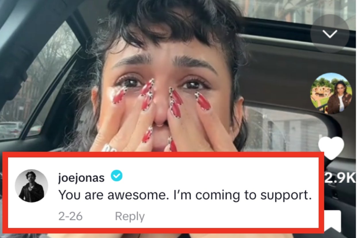 Person crying with hands covering their mouth, overlaying a comment: "You are awesome. Iâm coming to support." from a verified account