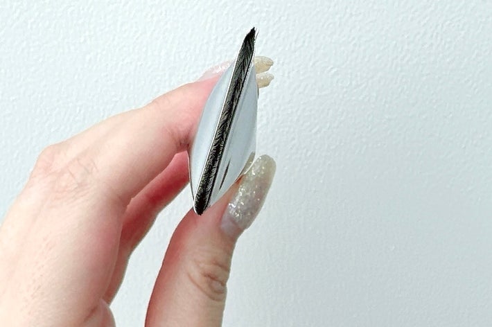 Hand holding a thin, round object, like a disc or coin, against a plain background