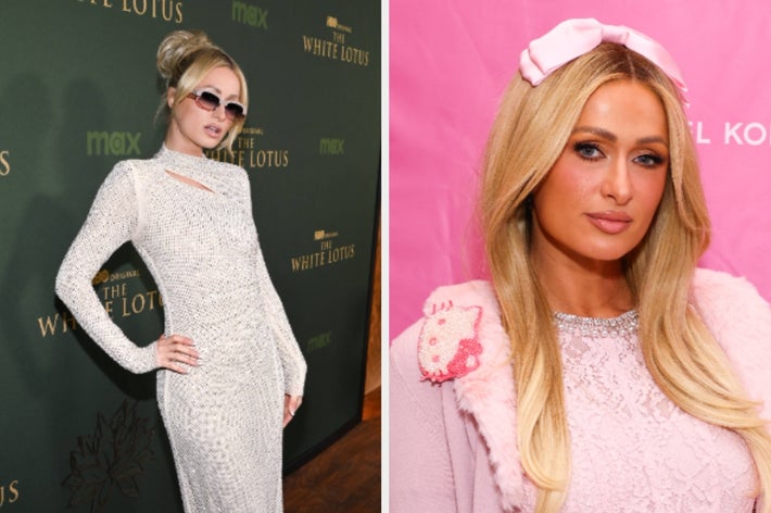 Two images of a celebrity: Left, in a textured gown with sunglasses; right, in a pink outfit with a headband, against a pink backdrop