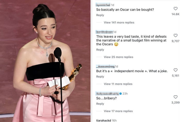 Left: Mikey Madison holding an Oscar on stage. Right: Social media comments questioning the integrity of the Oscar win