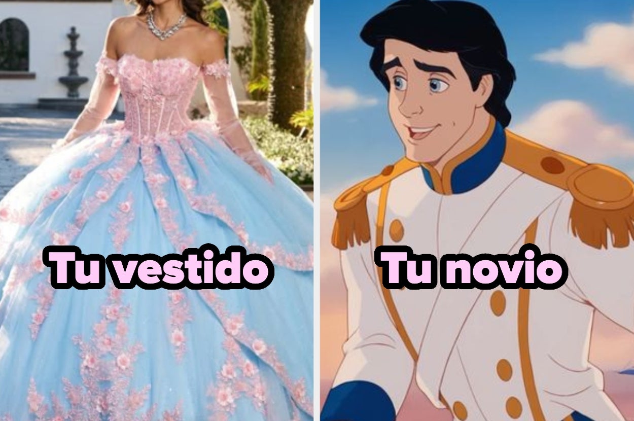 Collage cómico: a la izquierda, un vestido de princesa con encaje; a la derecha, un personaje animado en uniforme con texto humorístico