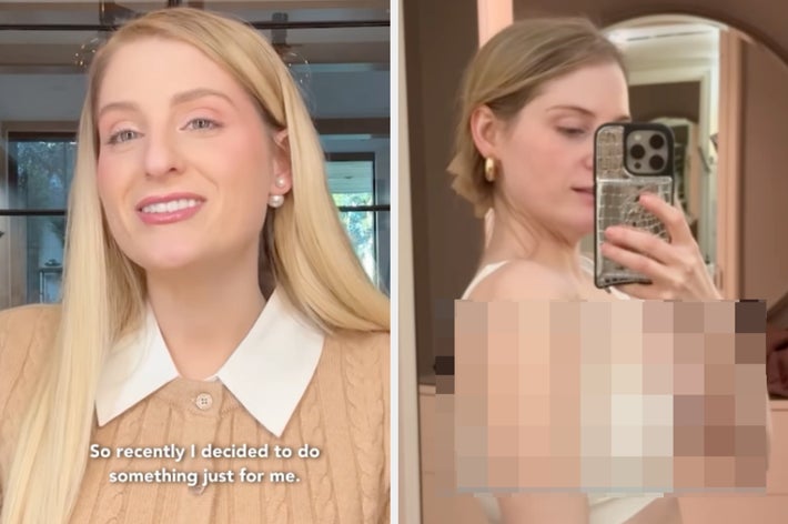 Two images: Left, person with long hair in knit top with white collar; right, person taking a mirror selfie in a sleeveless top