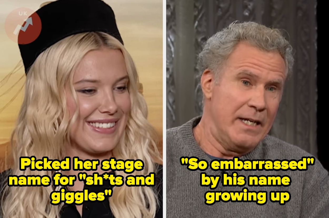 Split image: Left, person with black headwear, smiling. Text: "Picked her stage name for 'sh*ts and giggles'." Right, person speaking. Text: "'So embarrassed' by his name growing up."