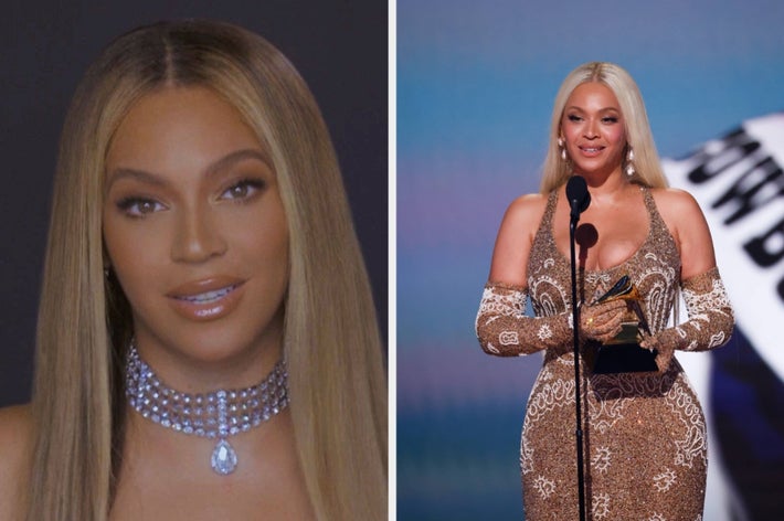 Beyonce with straight hair in a sparkling choker vs Beyonce in an elegant patterned gown, holding a trophy at a ceremony