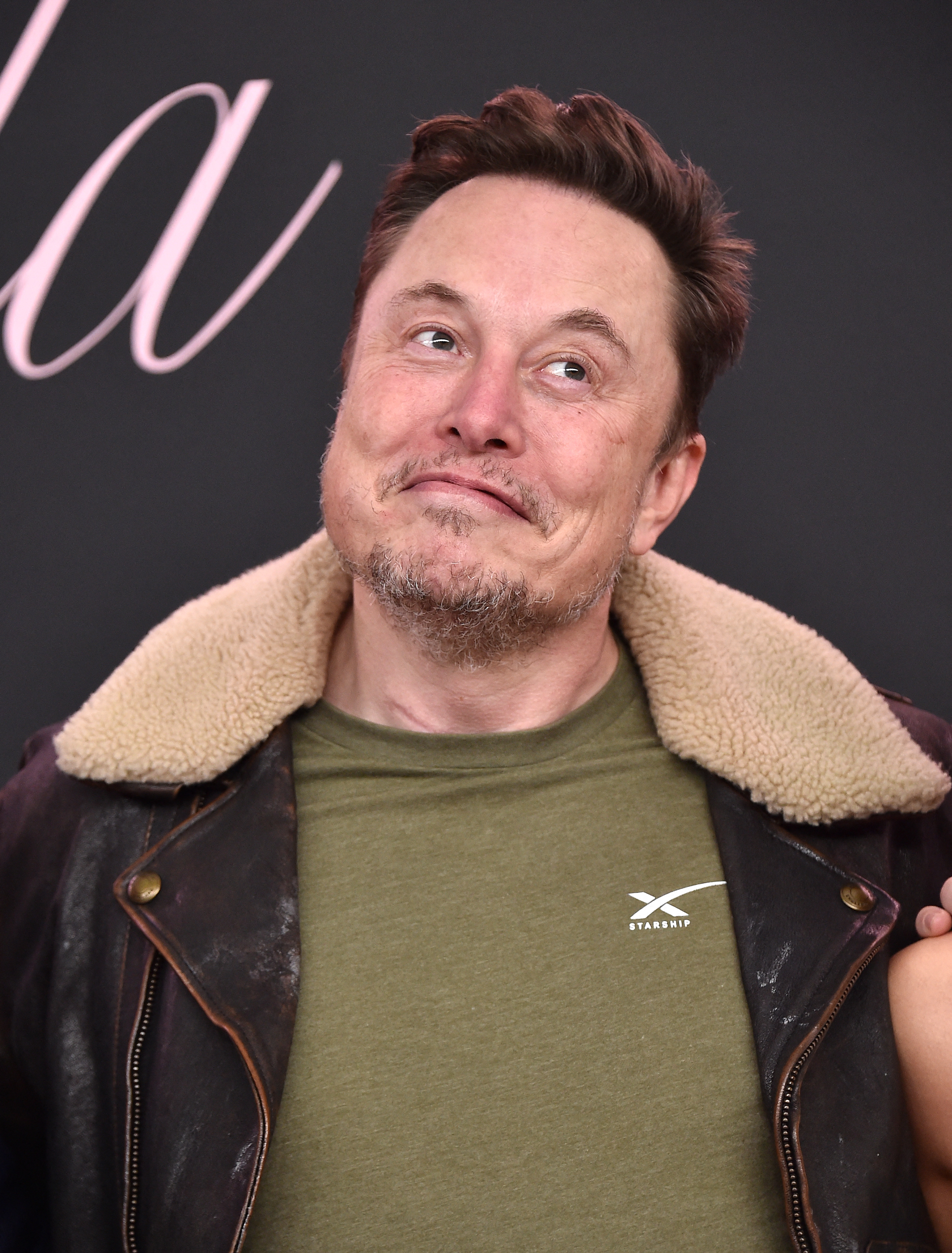 Elon Musk in casual clothing with a shearling-collared jacket and t-shirt, looking upwards with a slight smile