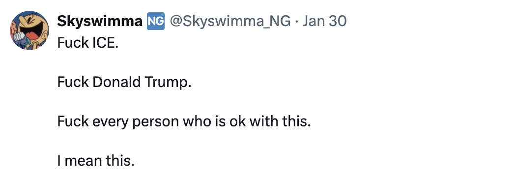 A tweet expressing strong opposition to ICE, Donald Trump, and supporters of their actions