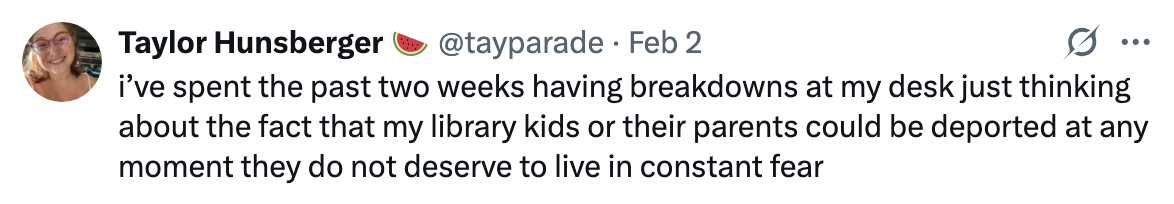 Tweet about concerns for library kids or their parents facing potential deportation and living in fear