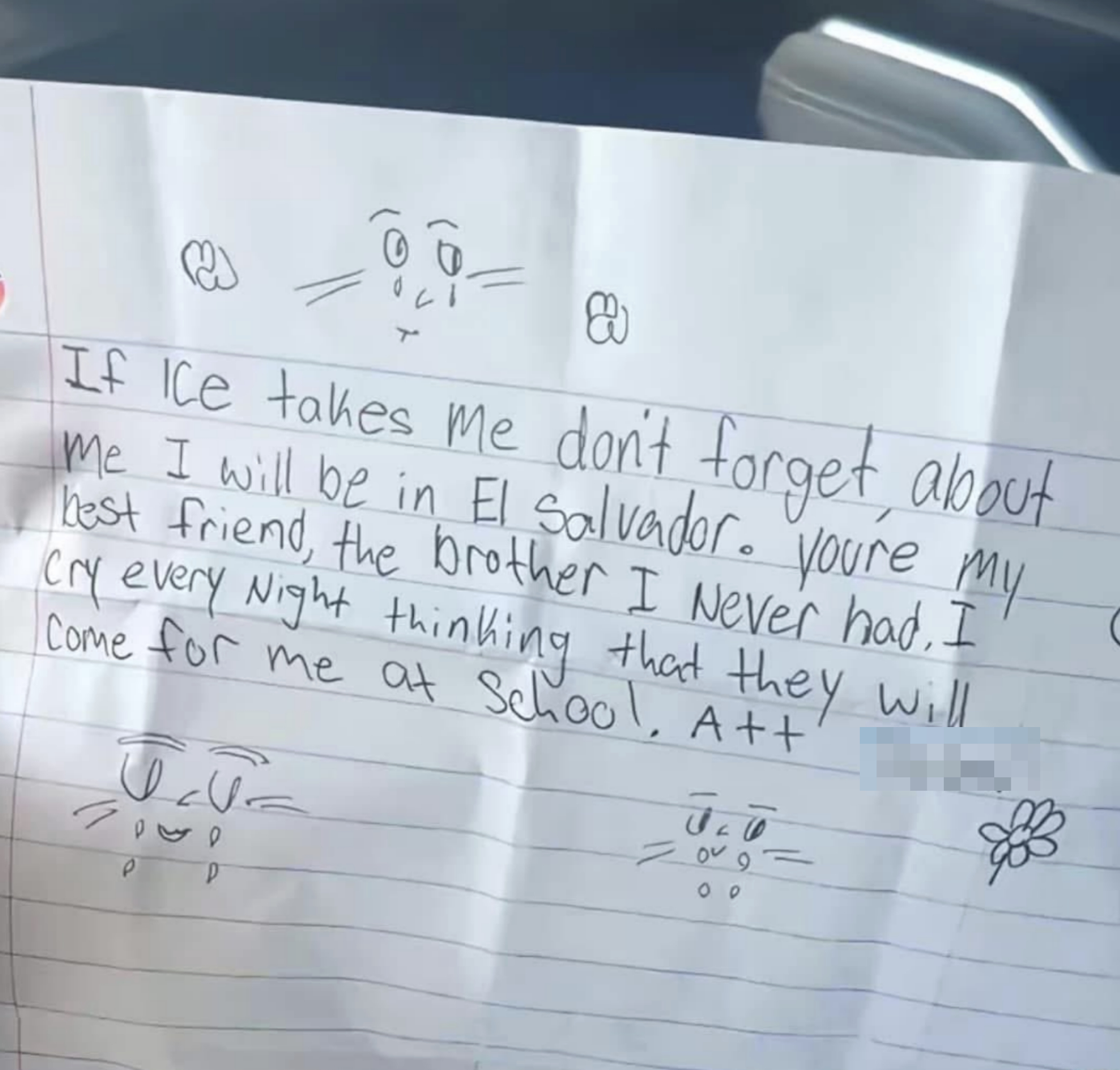 A handwritten letter expresses concern about ICE intervention, mentioning a friendship in El Salvador and reassures to remember one another