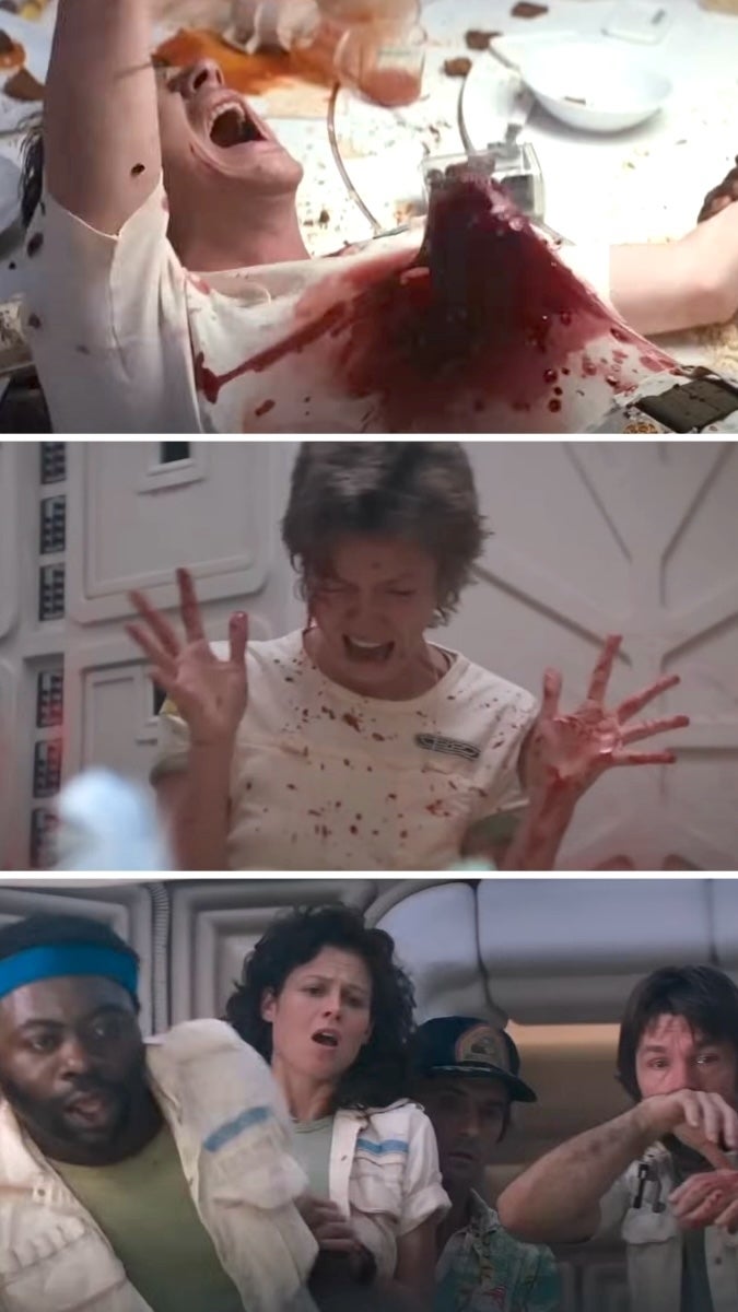An alien bursts from Kane's chest, as the crew is splattered with blood and reels back in shock