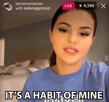 Person in a blue shirt speaking during a live stream with overlay text saying &quot;It&#x27;s a habit of mine.&quot;