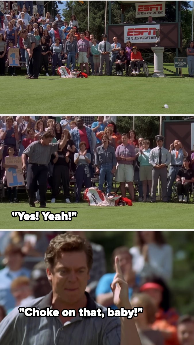 Shooter hits the golf ball in the hole and cheers, saying, "choke on that, baby!"