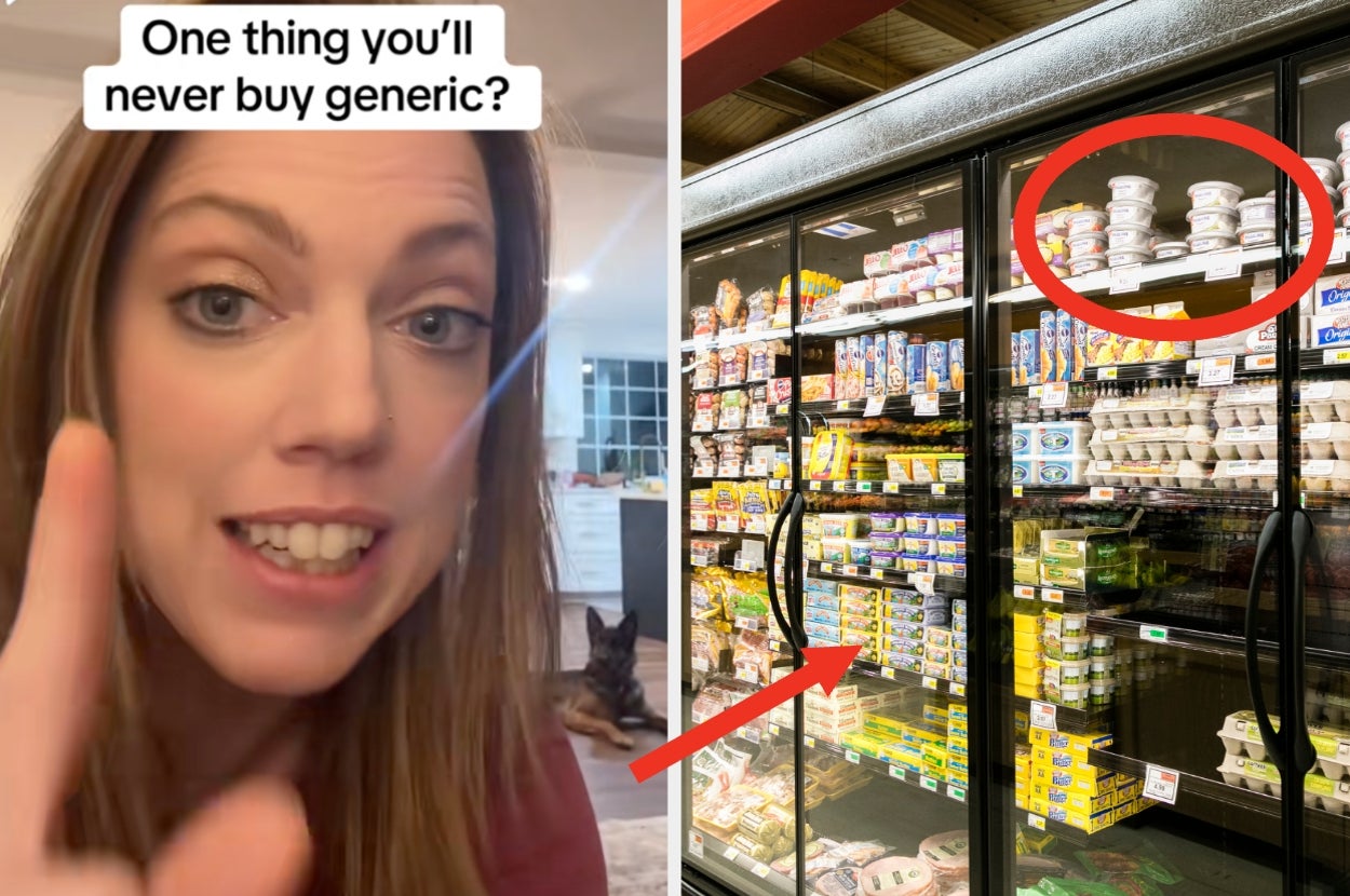 Woman pointing to text "One thing you'll never buy generic?" next to a grocery store freezer with yogurt circled in red