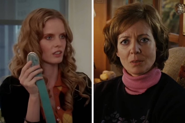 Two women in a dramatic scene from a TV show or movie. The woman on the left holds a blue object. The woman on the right looks concerned