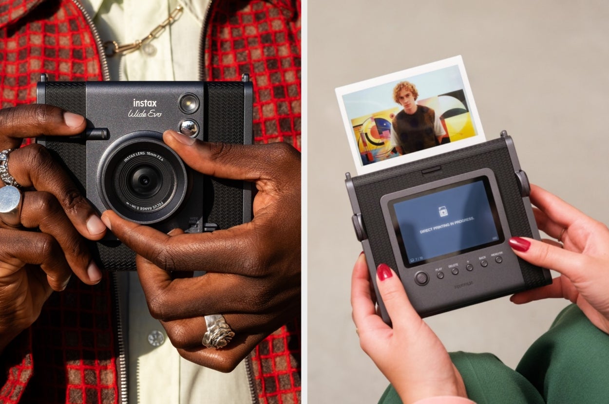 Two images showing people using an Instax Wide Evo camera, one holding it and the other printing a photo