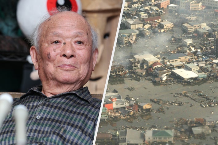 水木しげるさん（2010年撮影）、地震と津波で大規模な被害を受けた宮城県気仙沼市付近［時事通信社チャーター機より］（2011年03月12日撮影）