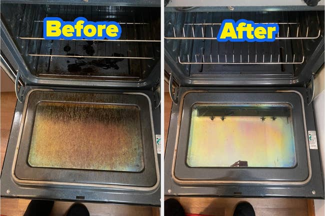 Side-by-side examination of an oven door, soiled earlier and cleanable after