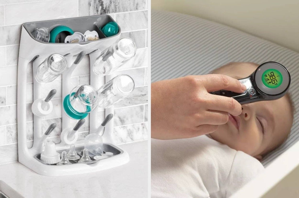 Verticle baby bottle drying rack on the left; right shows a hand using a digital thermometer on a sleeping baby