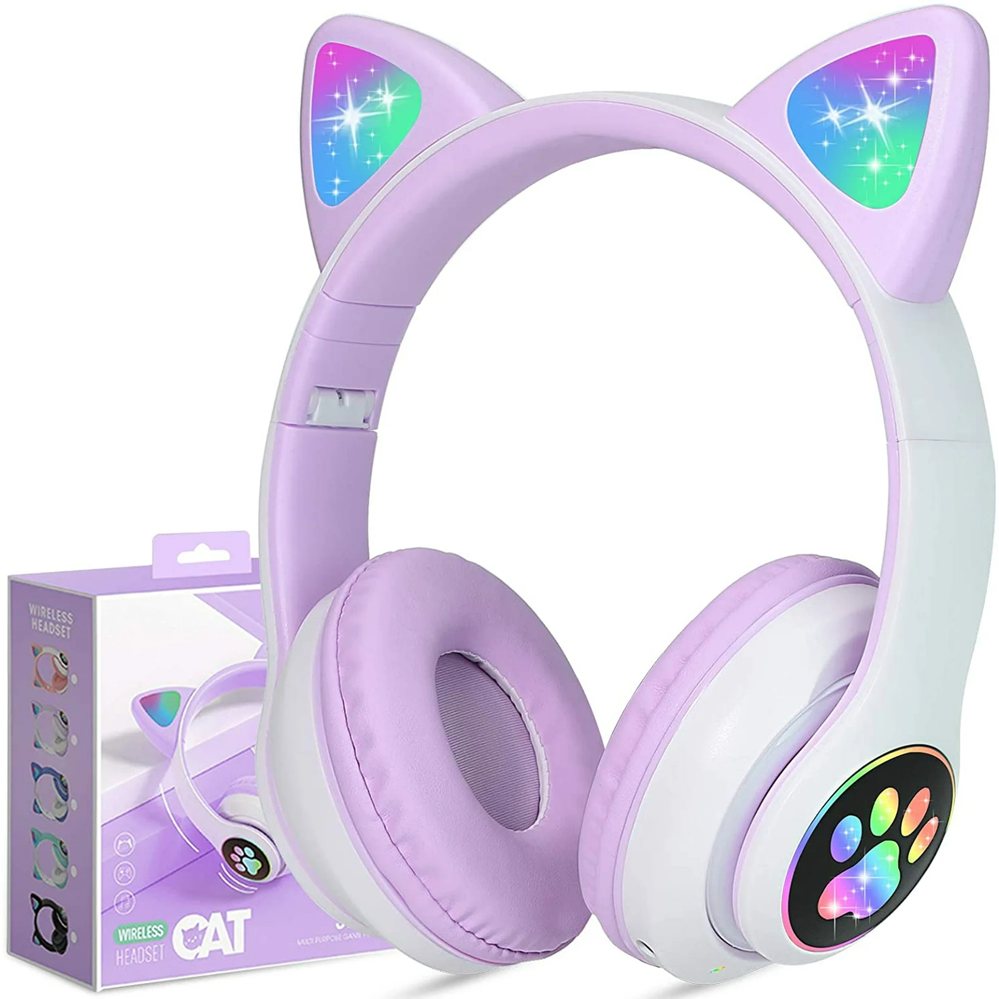 Cat ear headphones with colorful LED lights, displayed with packaging box. Suitable for tech shopping article