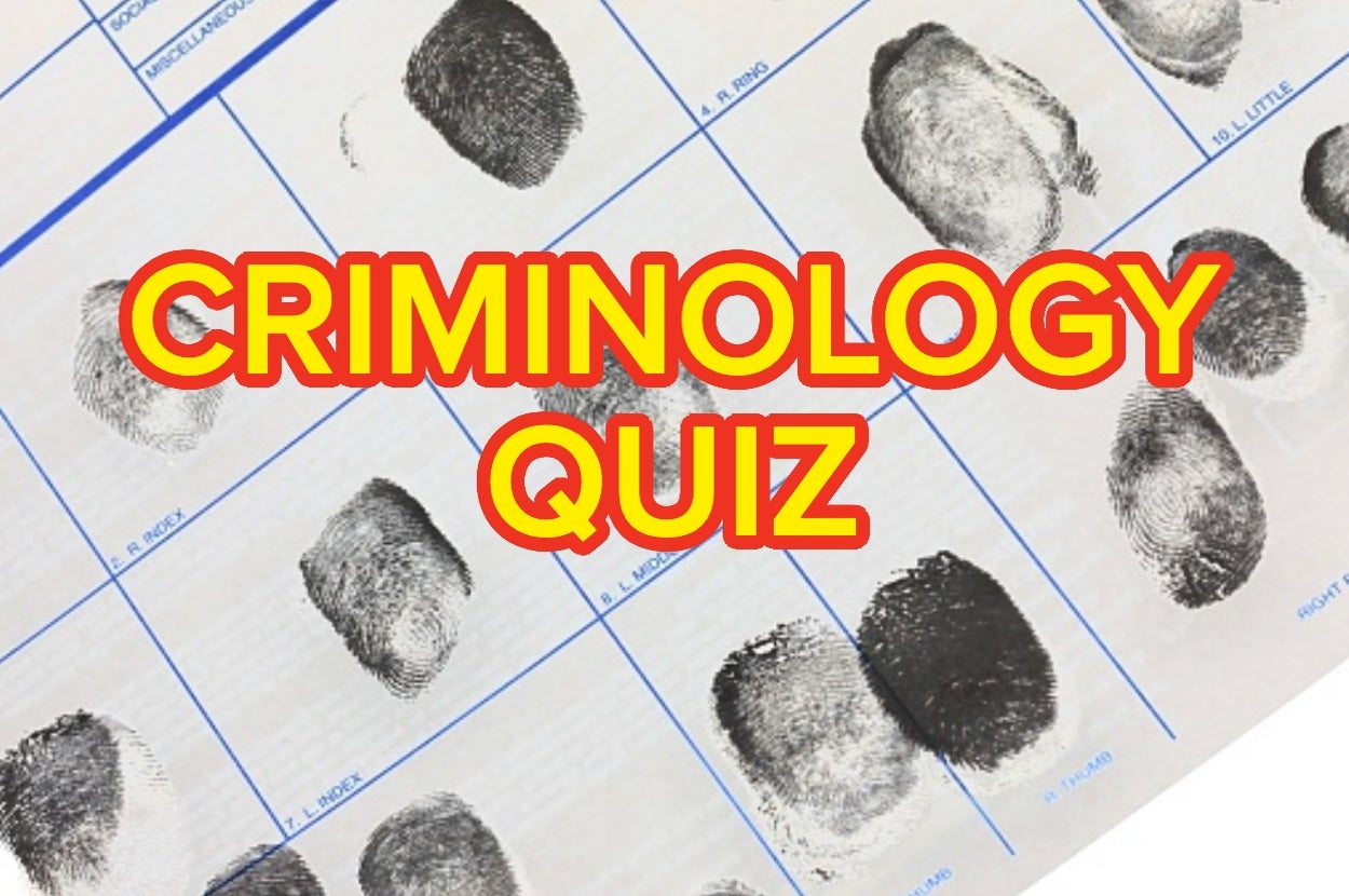 Criminology quiz text overlaid on a fingerprint chart, showing several fingerprint samples in rows