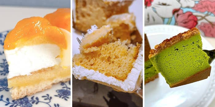 左からケーキ3つの断面図:オレンジとクリームケーキ、スポンジケーキ、緑の抹茶ケーキ。