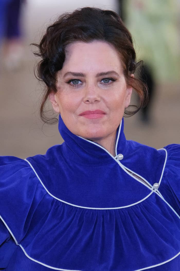 Ione Skye in an elegant high-collared dress, posing for the camera