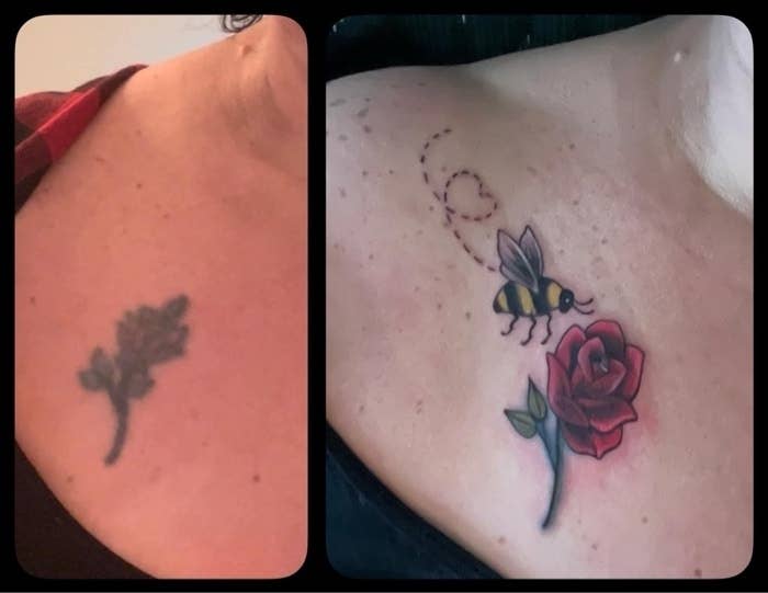 Left image: Blurry flower tattoo on a shoulder. Right image: A bee and rose tattoo with a dotted flight path on a shoulder