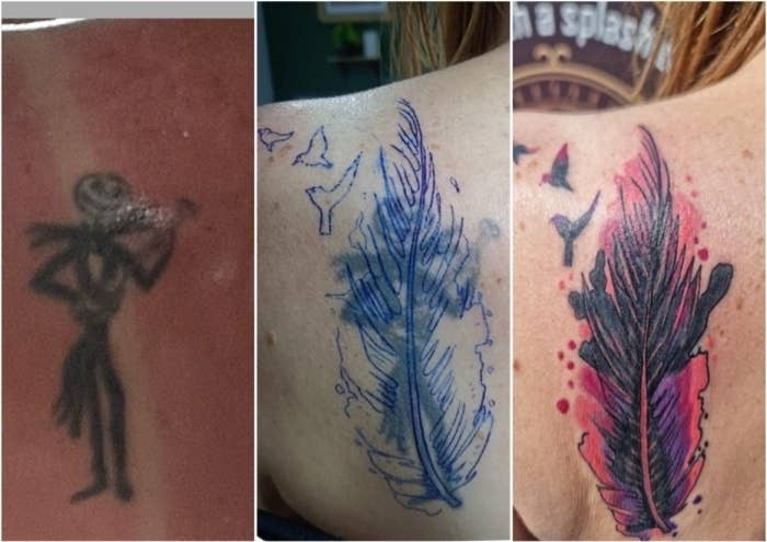 Three stages of a tattoo cover-up: initial abstract figure, ink outline of a feather, and finally, a detailed, colored feather with small birds