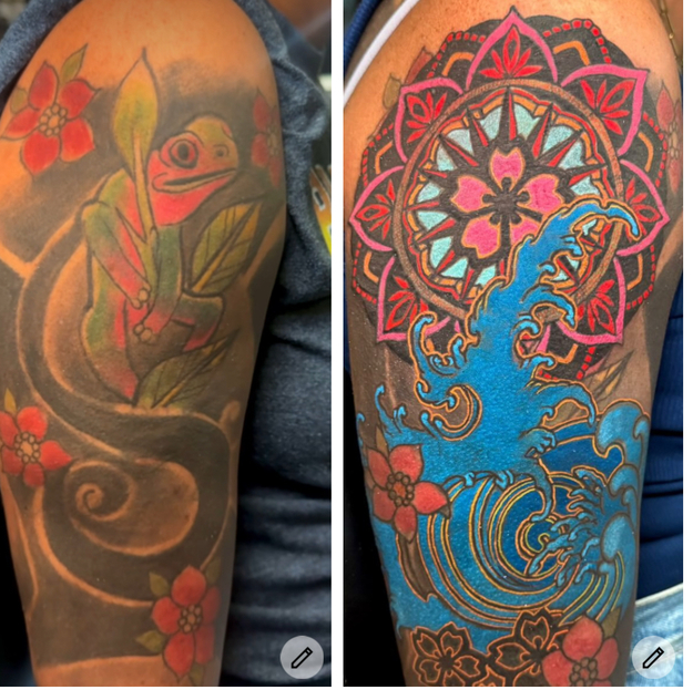 Two arm tattoos: Left, frog with leaves and flowers; Right, wave with floral mandala design. Both are colorful and detailed