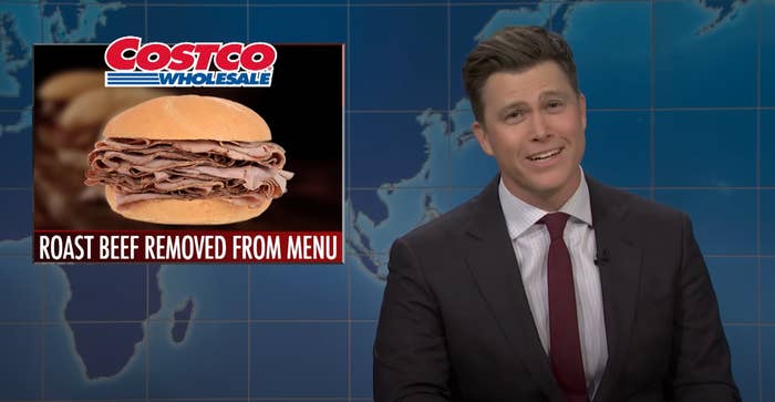 A news anchor in a suit on TV discusses Costco removing roast beef from their menu, with an image of a roast beef sandwich on screen