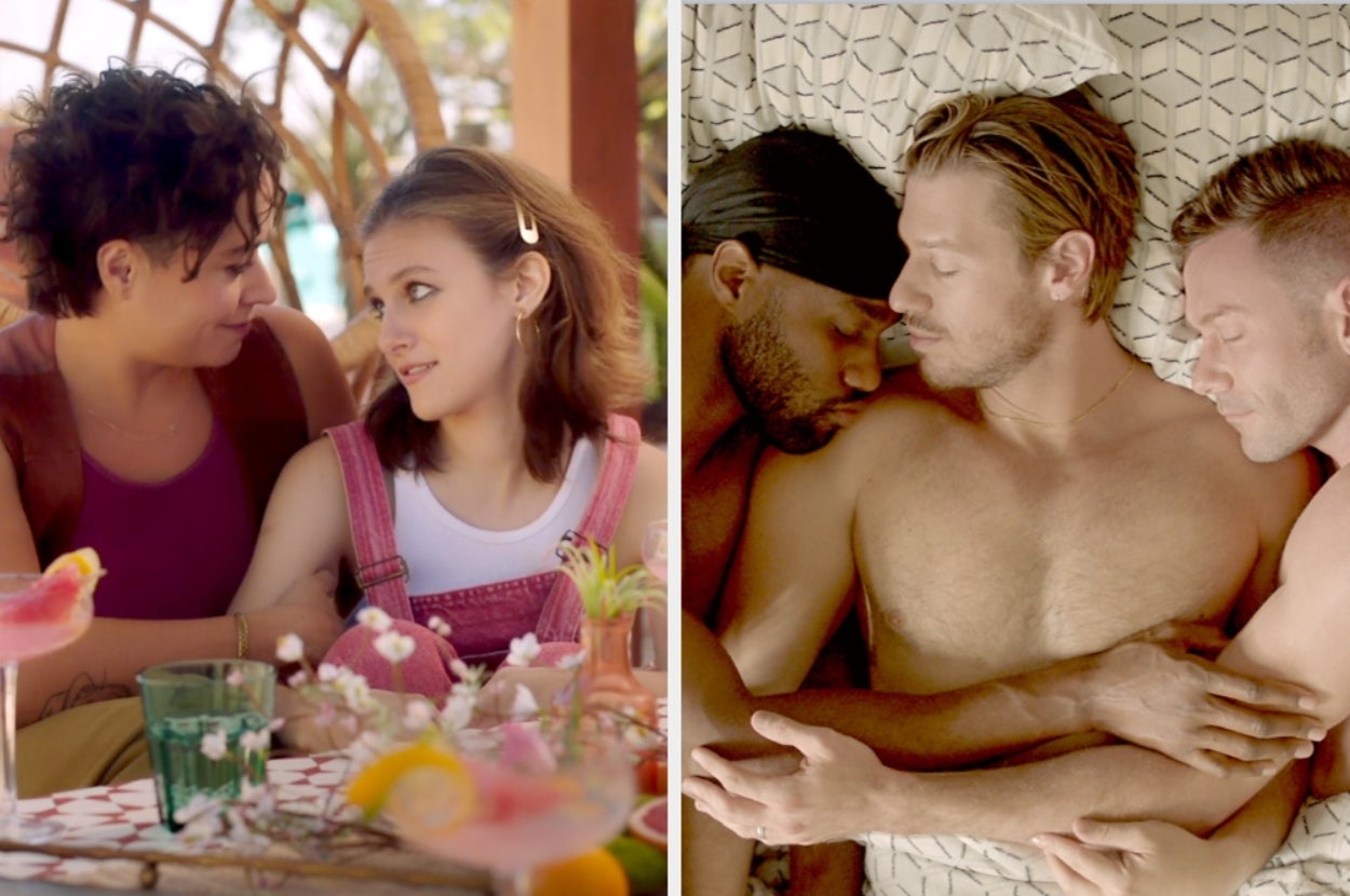 Two scenes: two women in a heartfelt conversation; three men sleeping closely, suggesting intimacy and connection