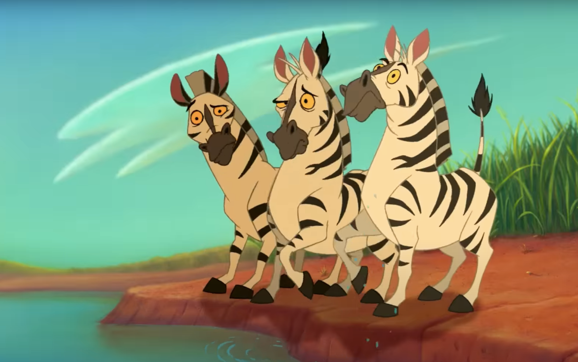 Three animated zebras disgusted with Pumba